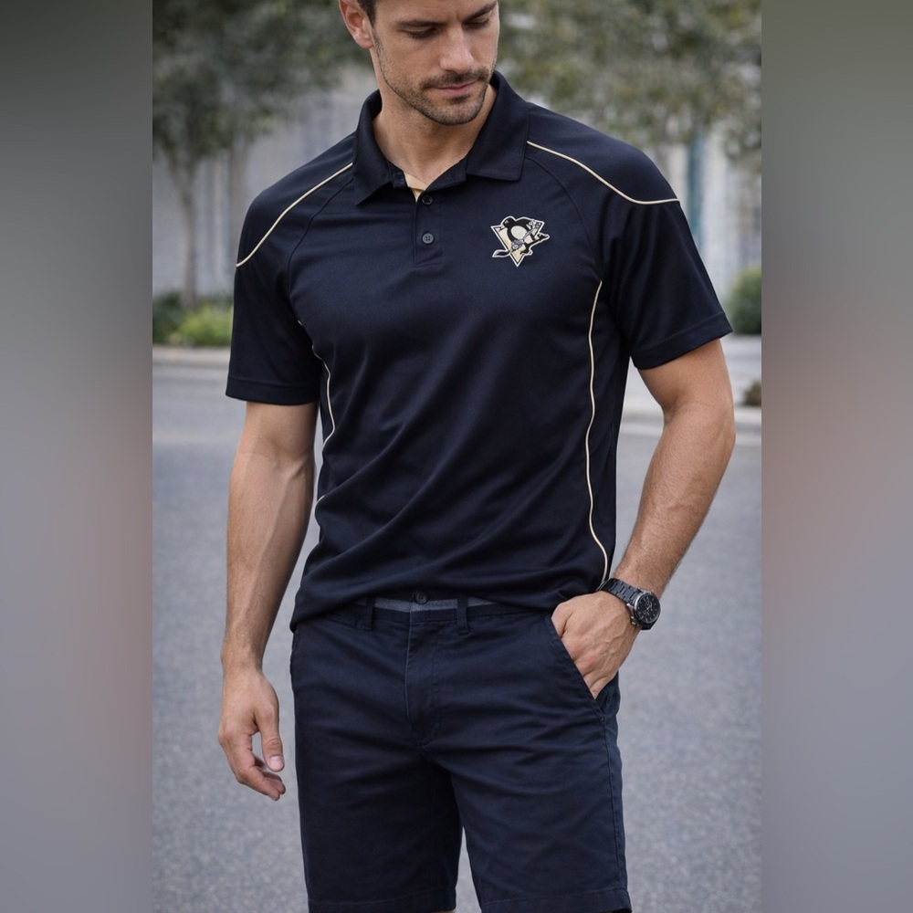 Reebok Pittsburgh Penguins NHL Polo Shirt Black Gold Mens Medium Logo - Picture 10 of 10